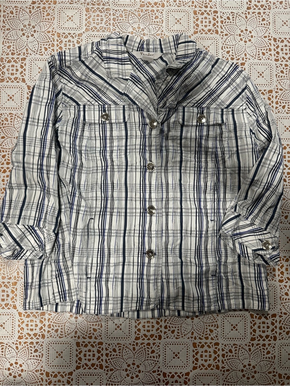 TanJay Petites 14P Blue White Plaid Button Front Blouse 3/4 Sleeve